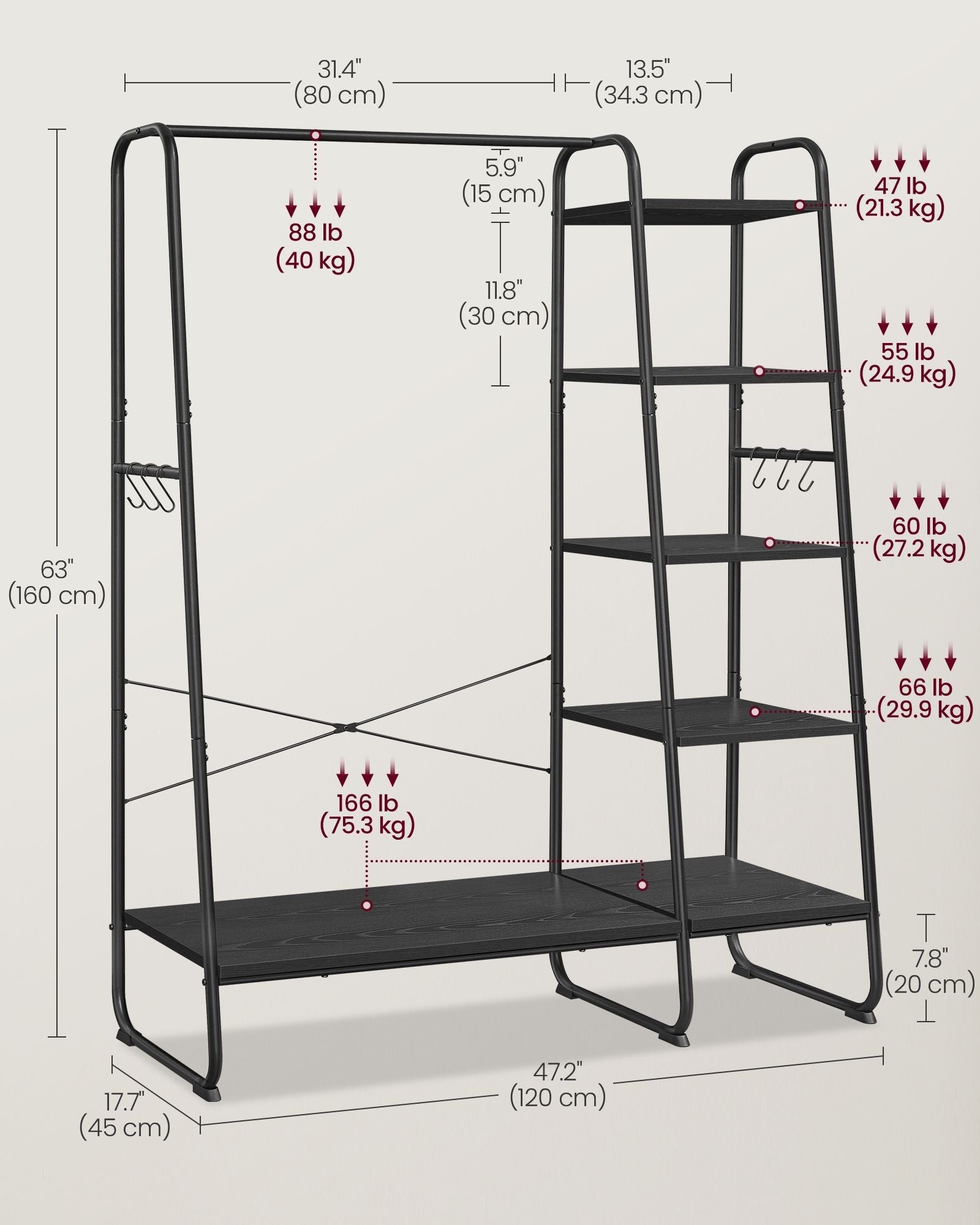 Clothes Rack – Metal – Ebony Black and Matte Black – 5-Tier Storage with Shoe Shelf and 6 Side Hooks