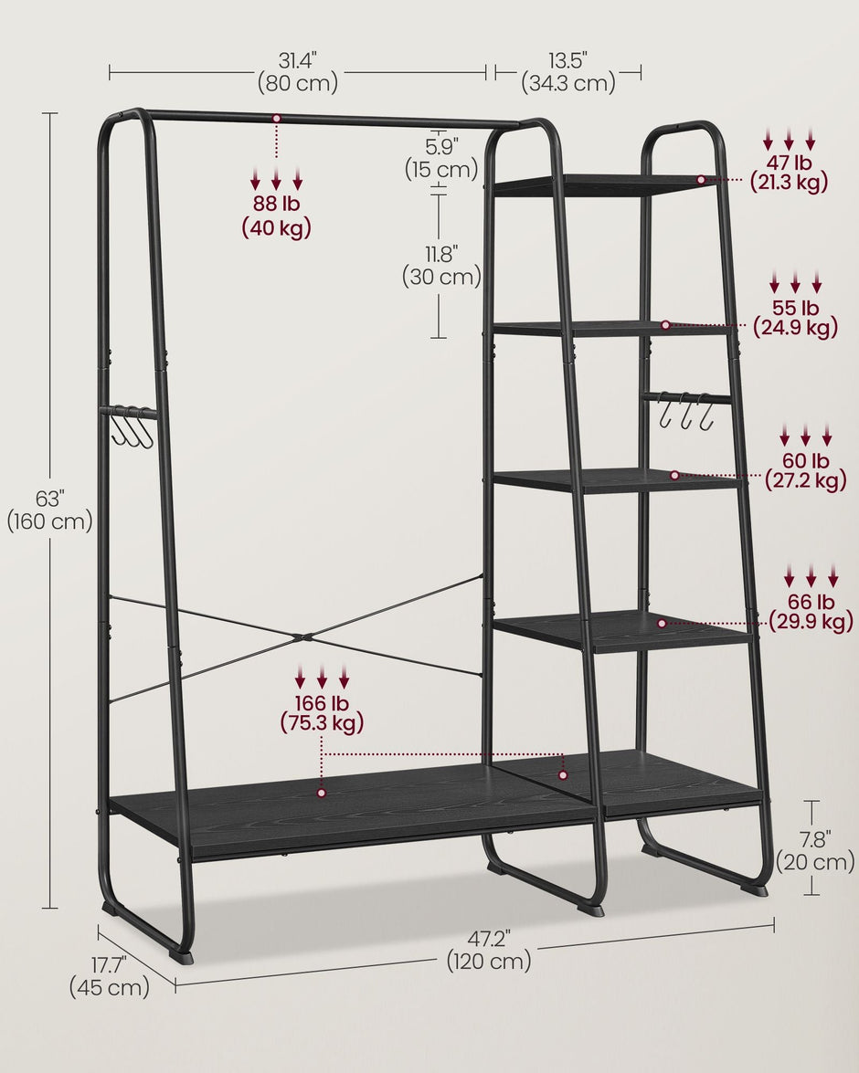 Clothes Rack – Metal – Ebony Black and Matte Black – 5-Tier Storage with Shoe Shelf and 6 Side Hooks