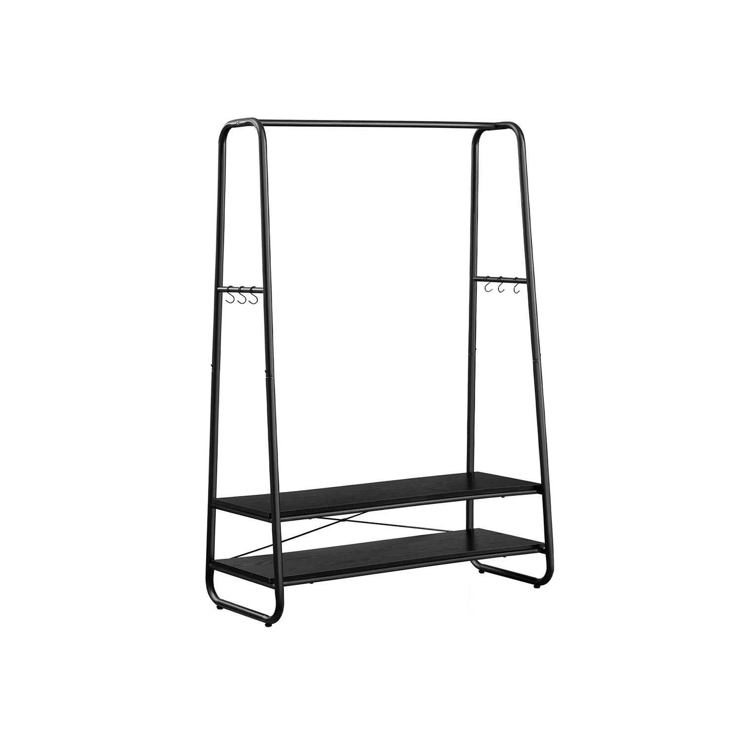 Clothes Rail – Steel – Ebony Black and Matte Black – Heavy-Duty with 2 Shelves and 6 S-Hooks