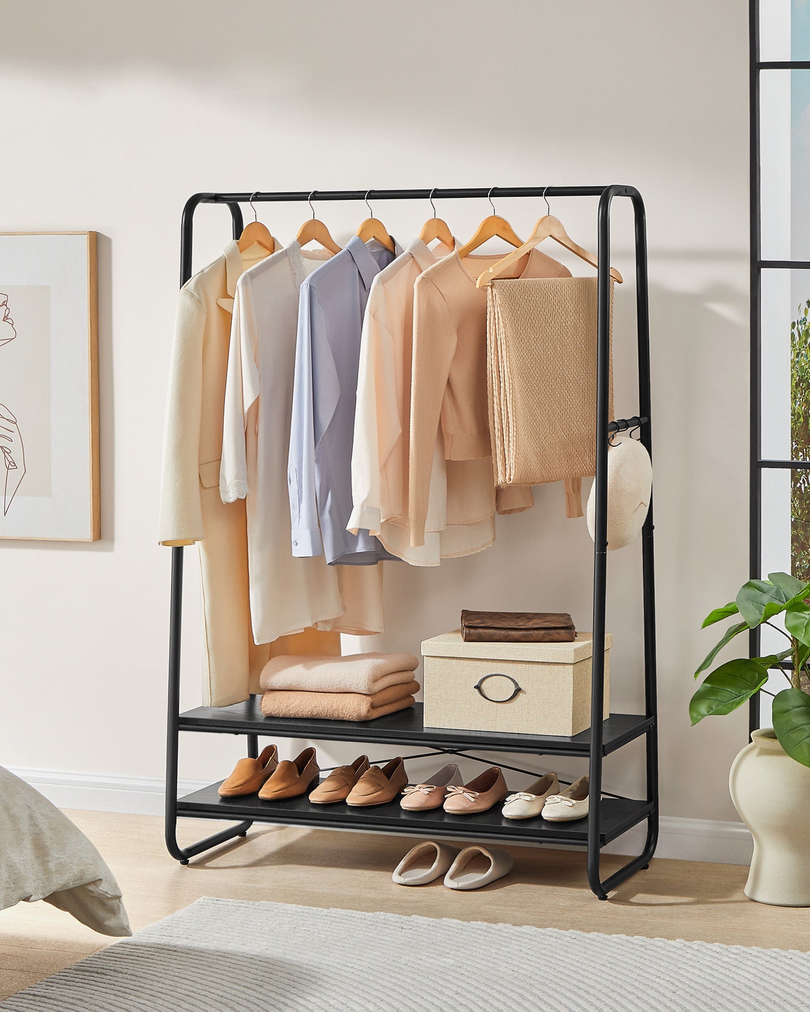 Clothes Rail – Steel – Ebony Black and Matte Black – Heavy-Duty with 2 Shelves and 6 S-Hooks