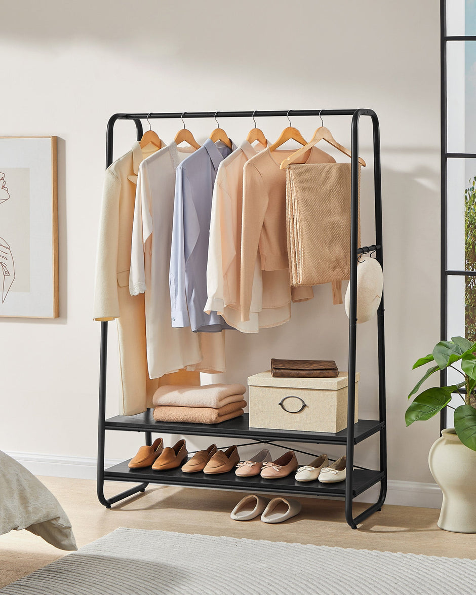 Clothes Rail – Steel – Ebony Black and Matte Black – Heavy-Duty with 2 Shelves and 6 S-Hooks