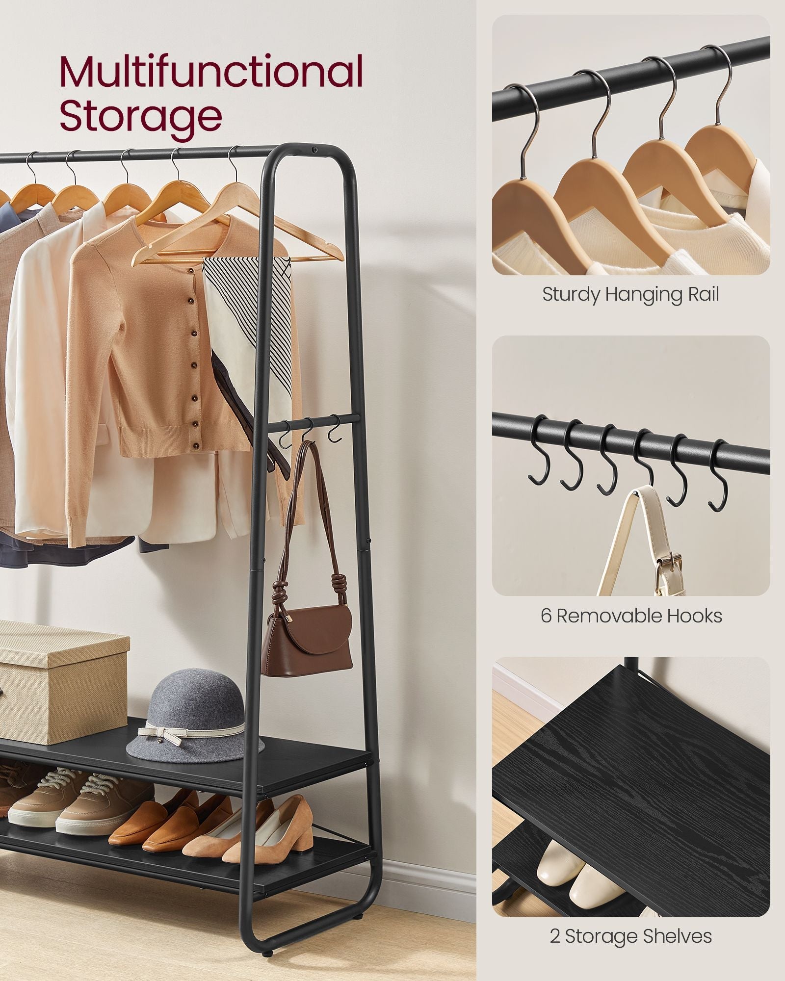 Clothes Rail – Steel – Ebony Black and Matte Black – Heavy-Duty with 2 Shelves and 6 S-Hooks