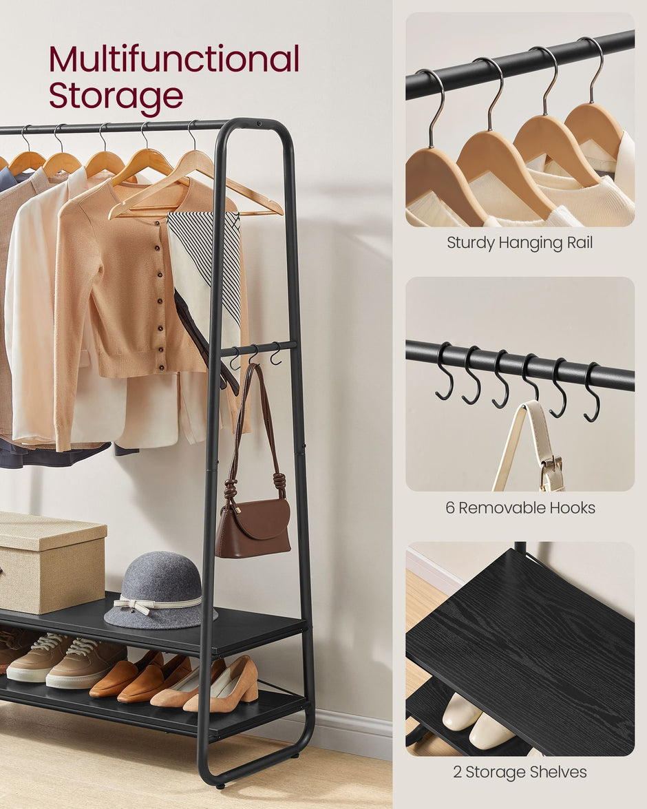 Clothes Rail – Steel – Ebony Black and Matte Black – Heavy-Duty with 2 Shelves and 6 S-Hooks