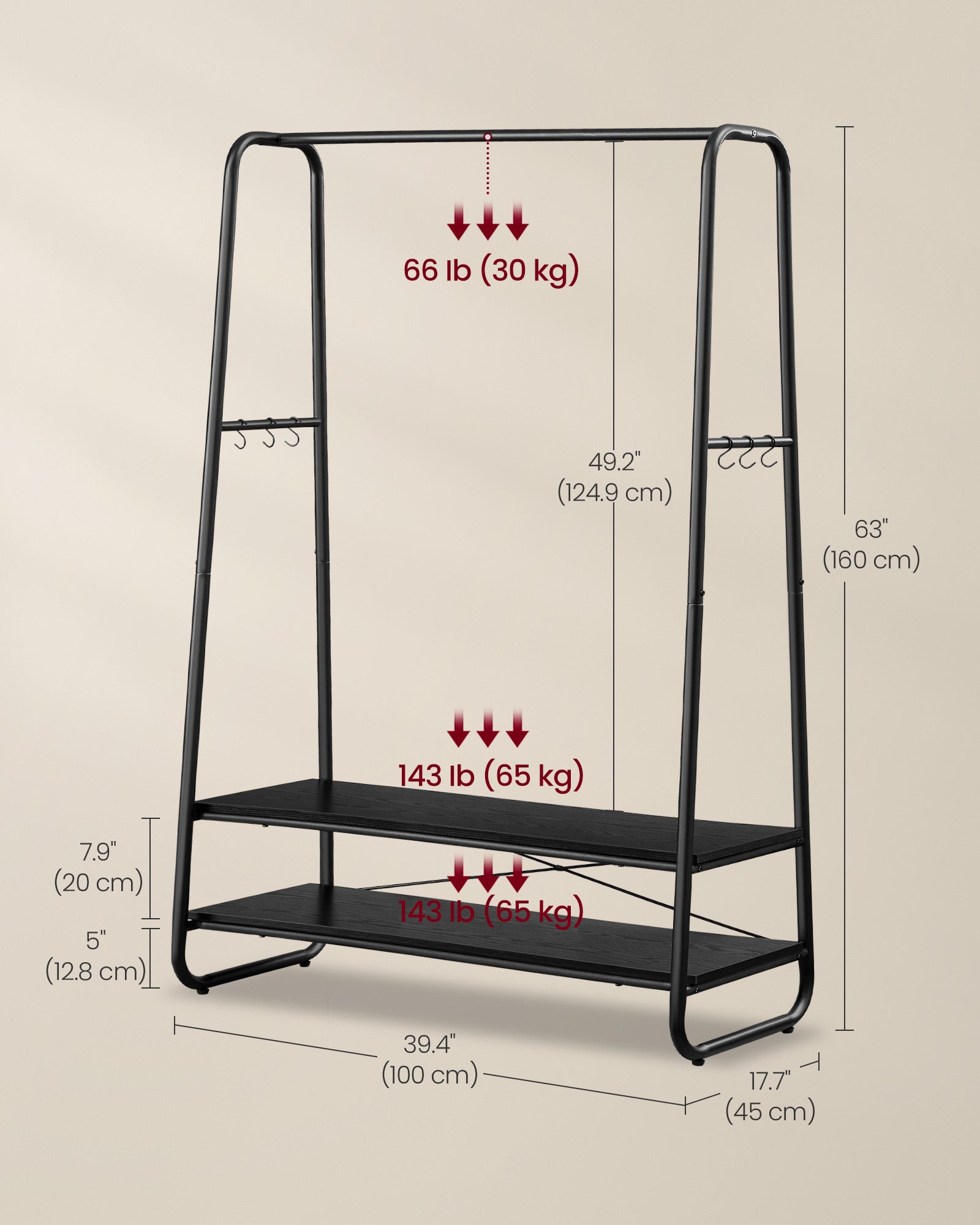 Clothes Rail – Steel – Ebony Black and Matte Black – Heavy-Duty with 2 Shelves and 6 S-Hooks