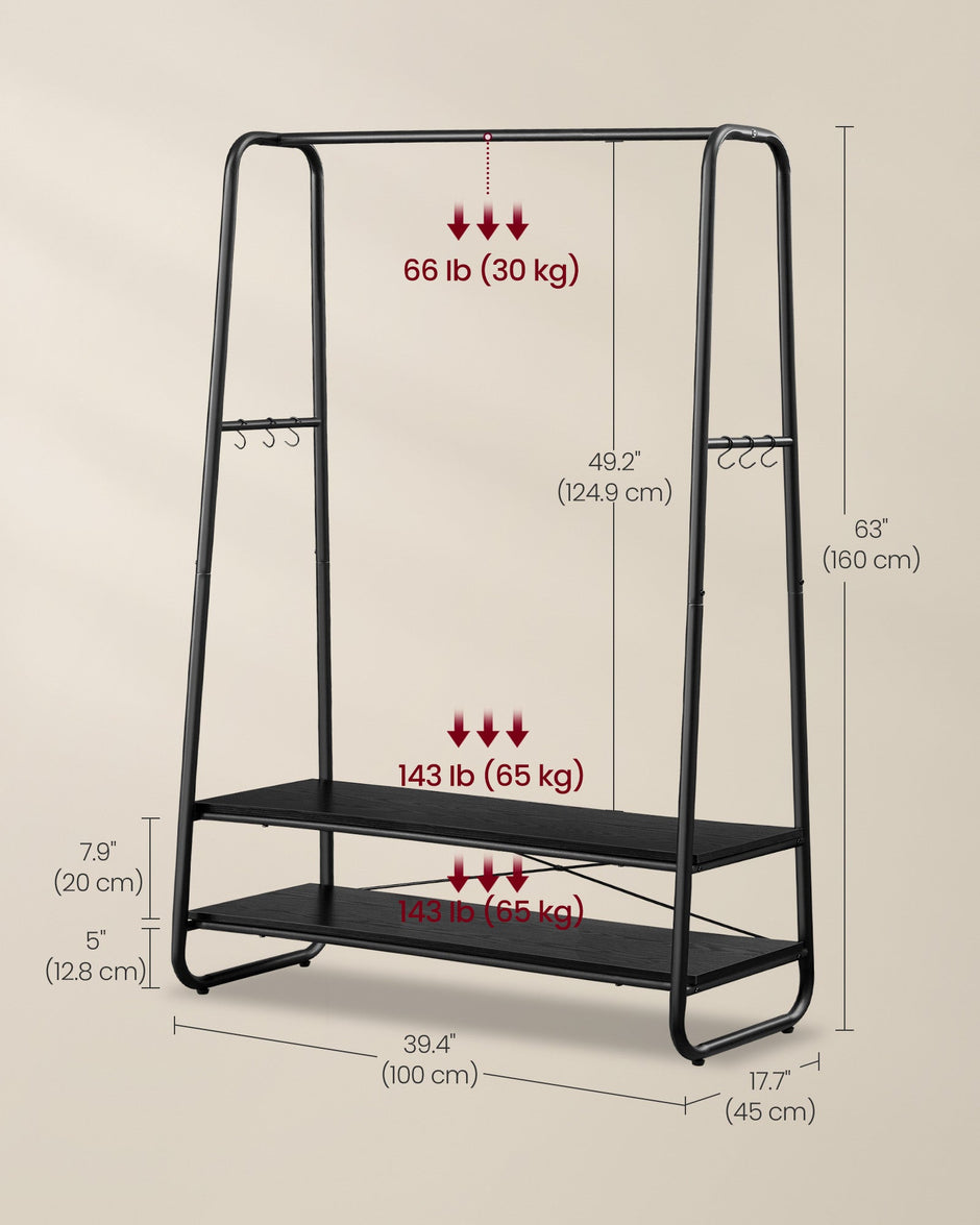 Clothes Rail – Steel – Ebony Black and Matte Black – Heavy-Duty with 2 Shelves and 6 S-Hooks