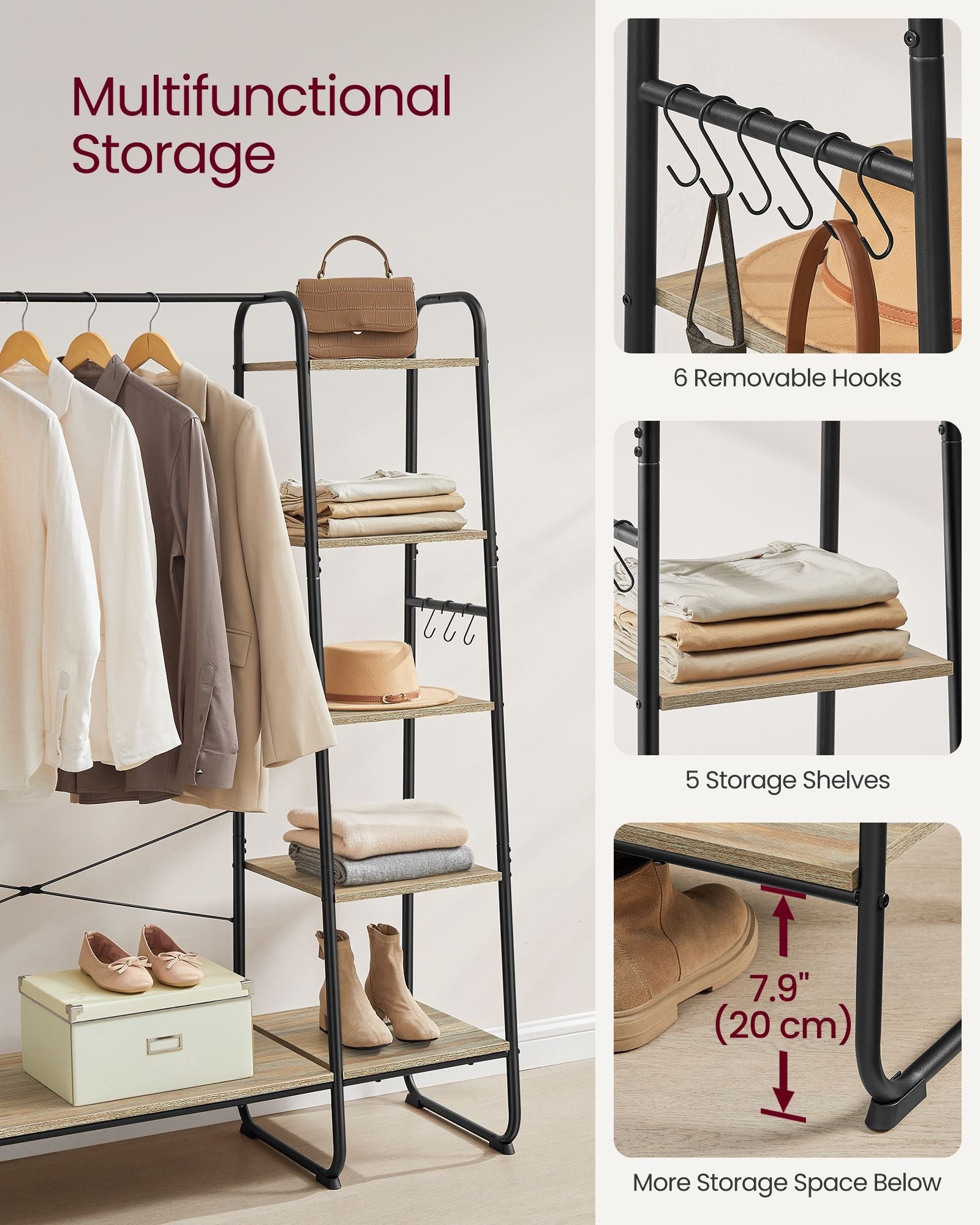 Clothes Rack – Metal and Wood – Turquoise and Brown – 5-Tier with Shoe Shelf and 6 Side Hooks