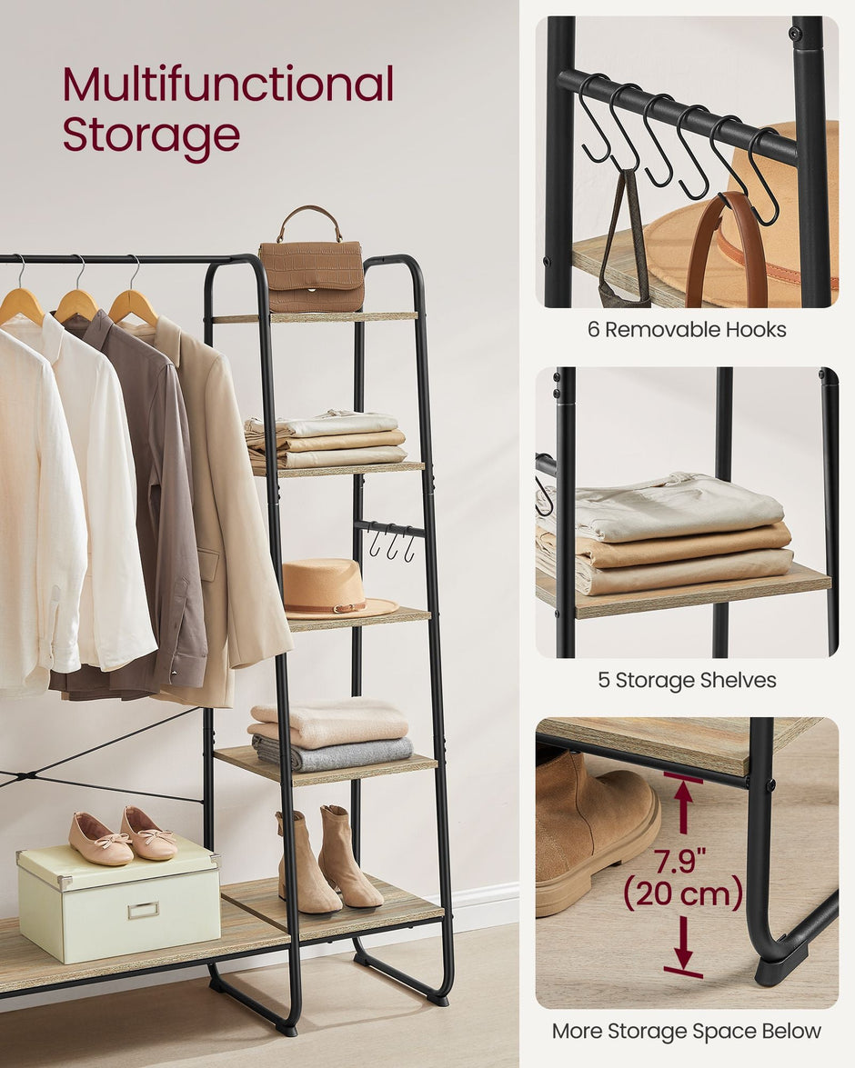 Clothes Rack – Metal and Wood – Turquoise and Brown – 5-Tier with Shoe Shelf and 6 Side Hooks
