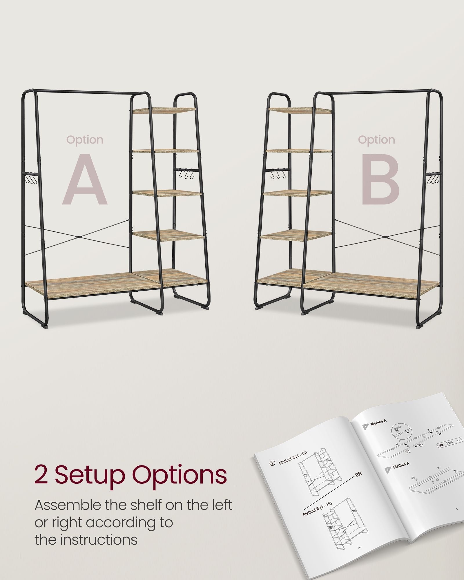 Clothes Rack – Metal and Wood – Turquoise and Brown – 5-Tier with Shoe Shelf and 6 Side Hooks
