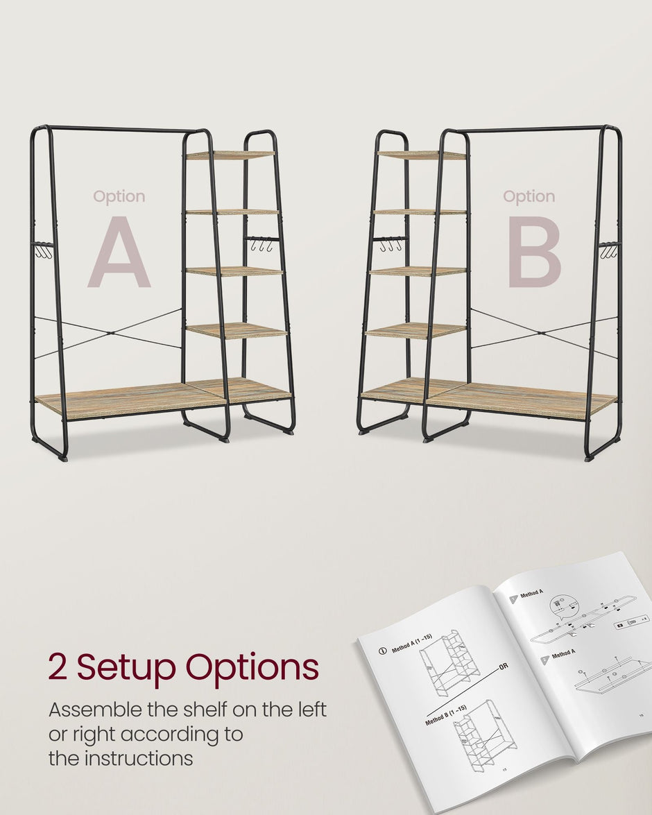 Clothes Rack – Metal and Wood – Turquoise and Brown – 5-Tier with Shoe Shelf and 6 Side Hooks