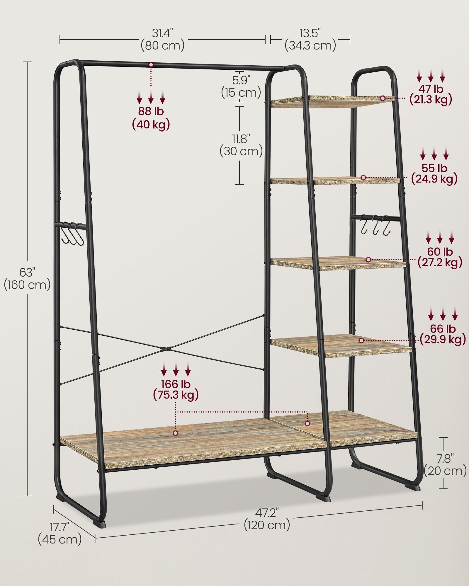 Clothes Rack – Metal and Wood – Turquoise and Brown – 5-Tier with Shoe Shelf and 6 Side Hooks