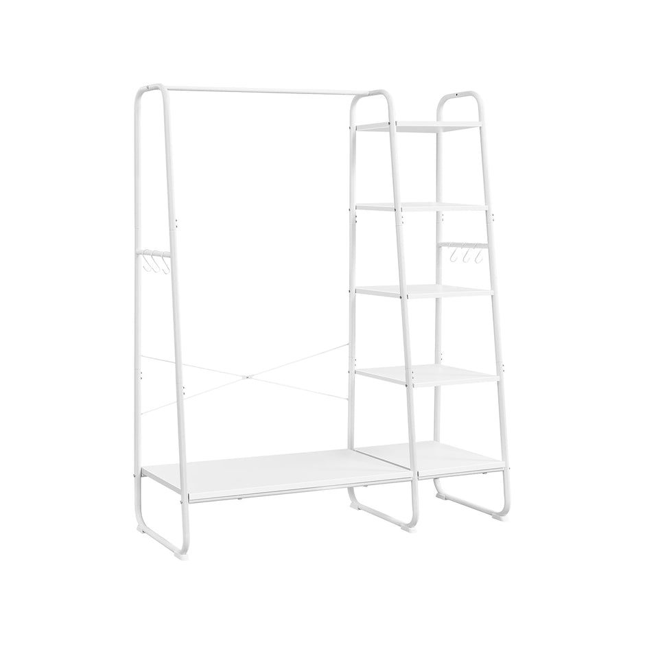 Clothes Rail – Metal and Wood – Rustic Brown and Ink Black – 5-Tier Storage with Shoe Rack and Side Hooks