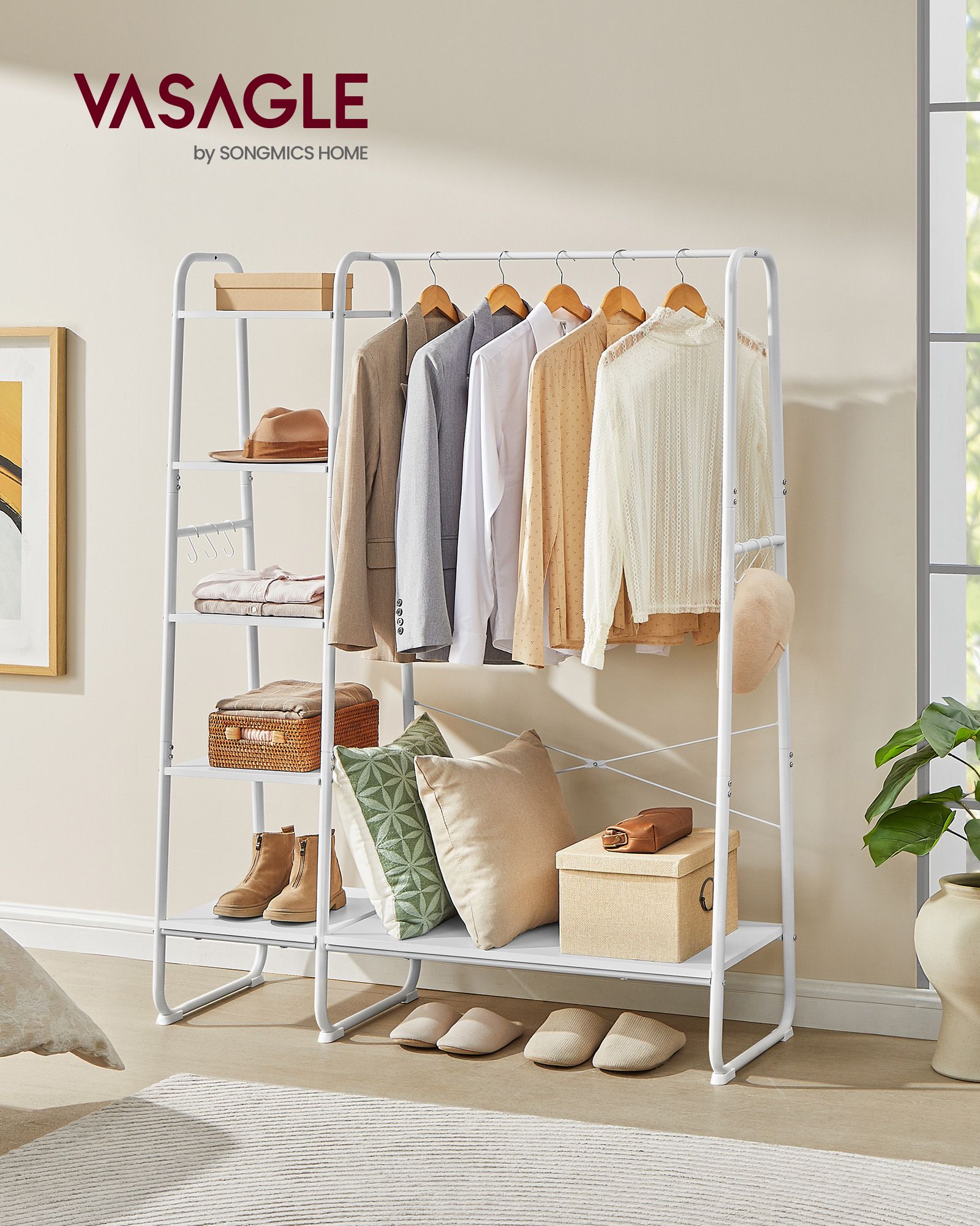 Clothes Rack – Metal and Wood – Cloud White and Matte White – 5-Tier with Shoe Shelf and 6 Side Hooks