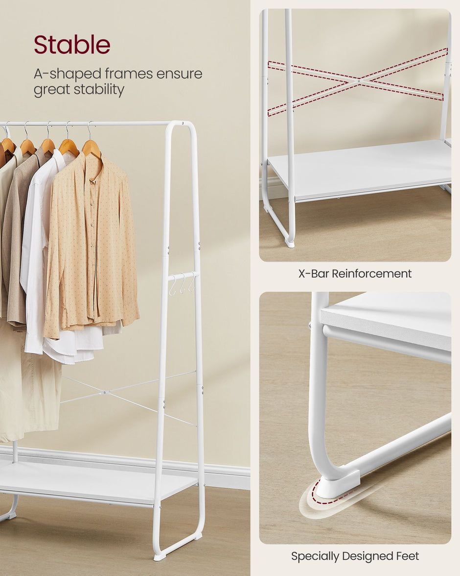 Clothes Rack – Metal and Wood – Cloud White and Matte White – 5-Tier with Shoe Shelf and 6 Side Hooks