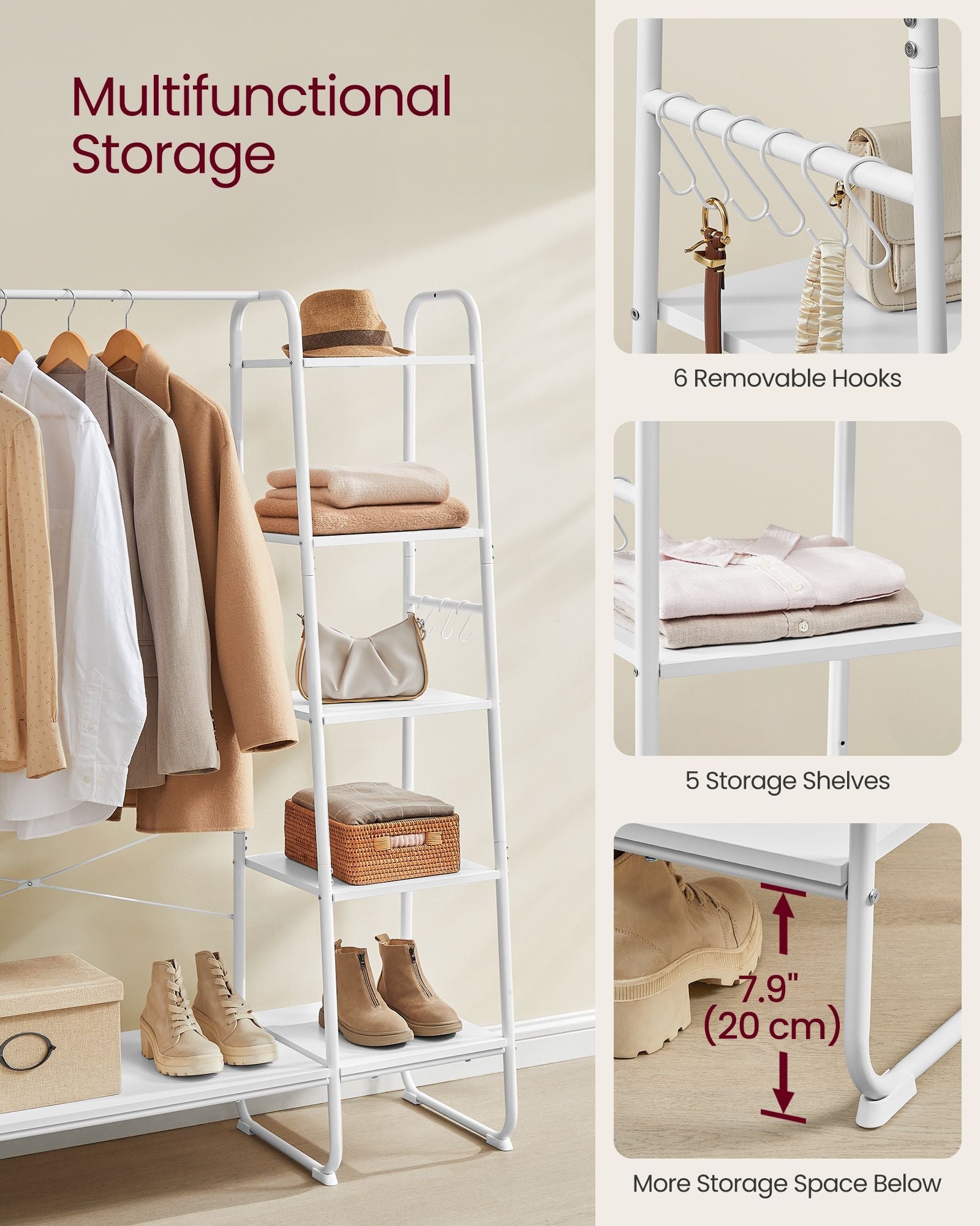 Clothes Rack – Metal and Wood – Cloud White and Matte White – 5-Tier with Shoe Shelf and 6 Side Hooks