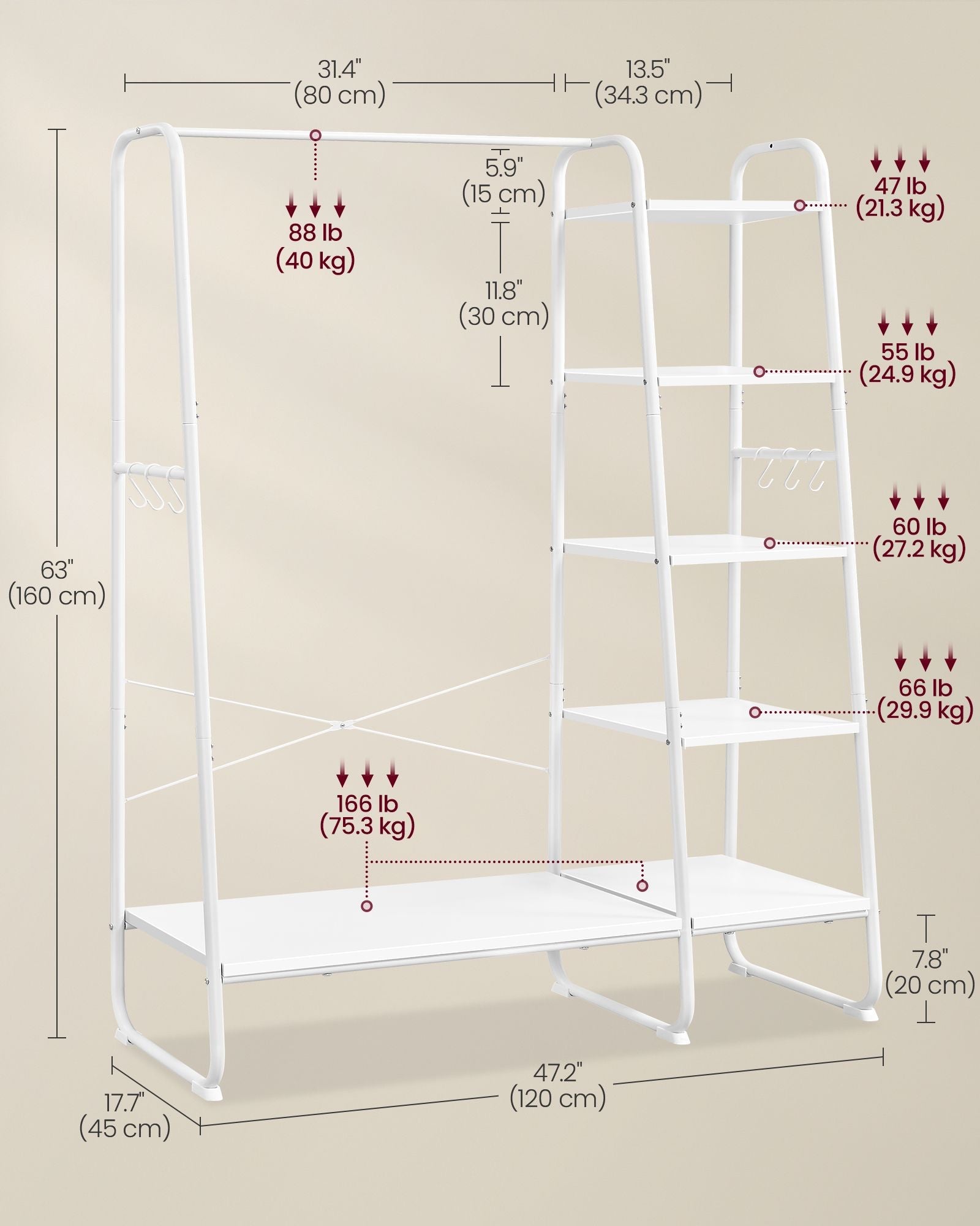 Clothes Rack – Metal and Wood – Cloud White and Matte White – 5-Tier with Shoe Shelf and 6 Side Hooks