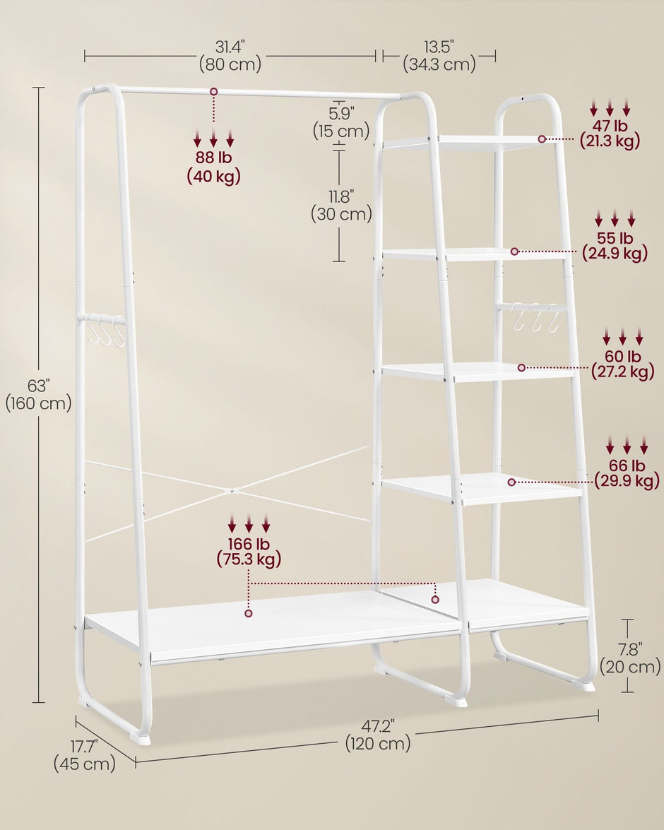 Clothes Rack – Metal and Wood – Cloud White and Matte White – 5-Tier with Shoe Shelf and 6 Side Hooks