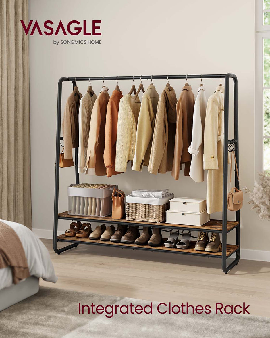 Clothes Rail – Steel – Rustic Brown and Black – Heavy-Duty with 2 Shelves and 6 S-Hooks