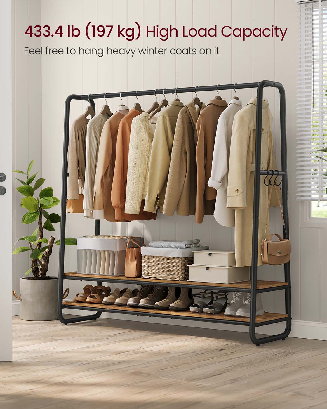 Clothes Rail – Steel – Rustic Brown and Black – Heavy-Duty with 2 Shelves and 6 S-Hooks