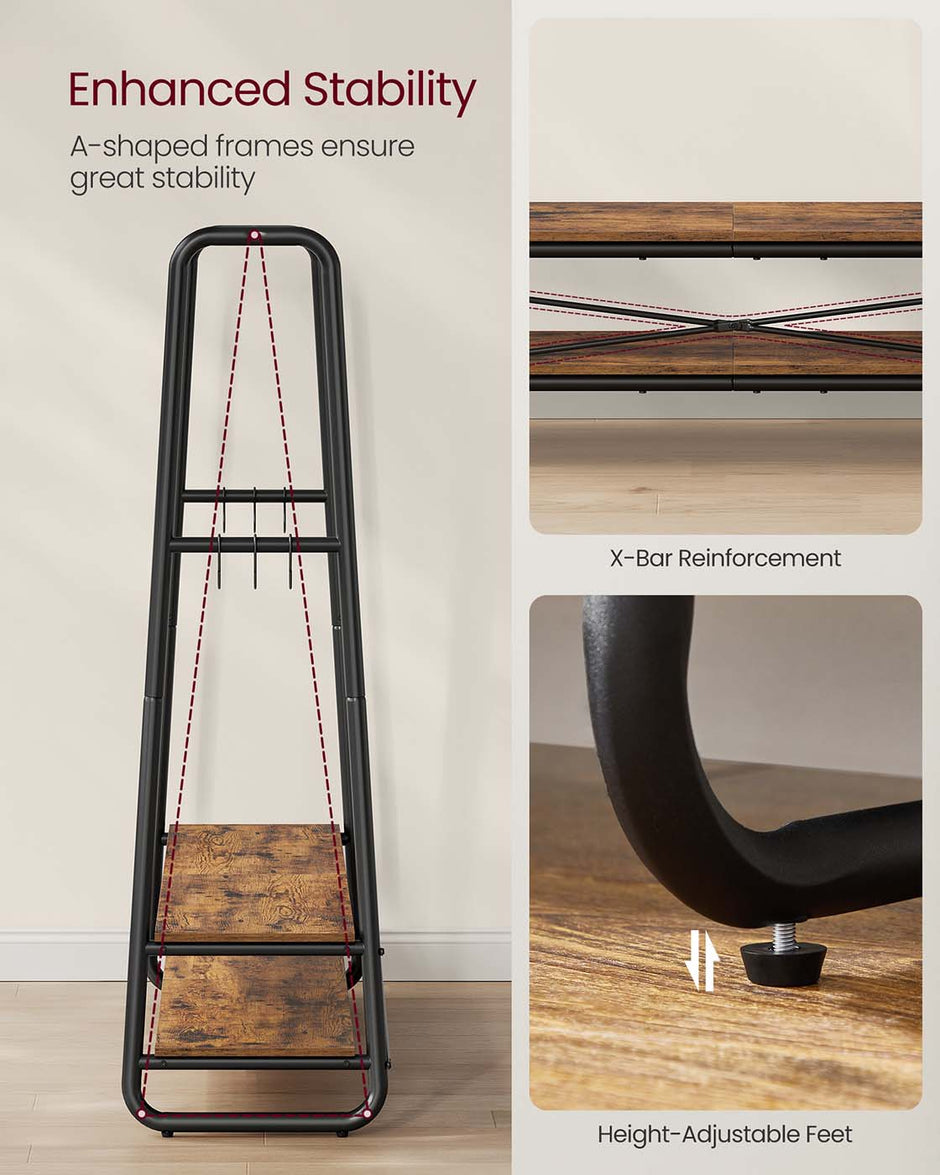 Clothes Rail – Steel – Rustic Brown and Black – Heavy-Duty with 2 Shelves and 6 S-Hooks