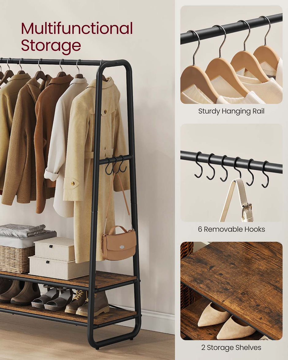 Clothes Rail – Steel – Rustic Brown and Black – Heavy-Duty with 2 Shelves and 6 S-Hooks