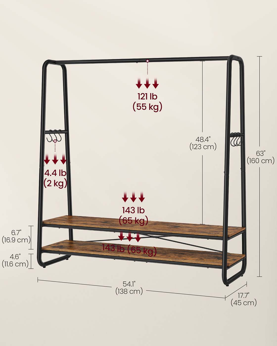 Clothes Rail – Steel – Rustic Brown and Black – Heavy-Duty with 2 Shelves and 6 S-Hooks