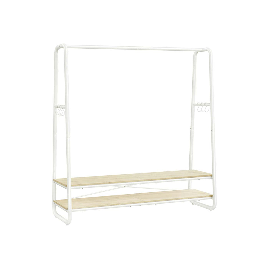 Clothes Rail – Steel – Rustic Brown and Black – Heavy-Duty with 2 Shelves and 6 S-Hooks