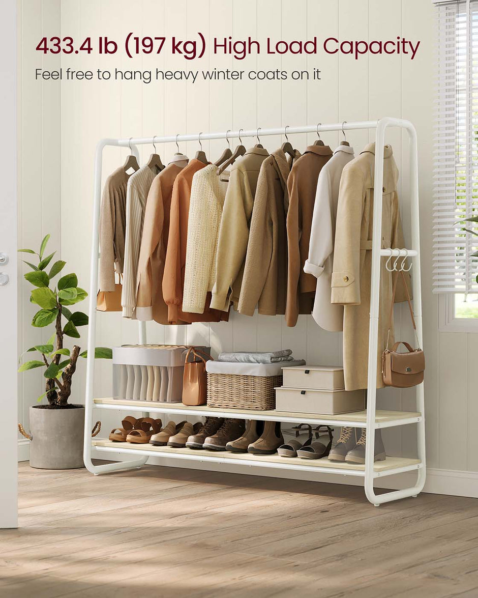 Clothes Rail – Steel – Rustic Brown and Black – Heavy-Duty with 2 Shelves and 6 S-Hooks
