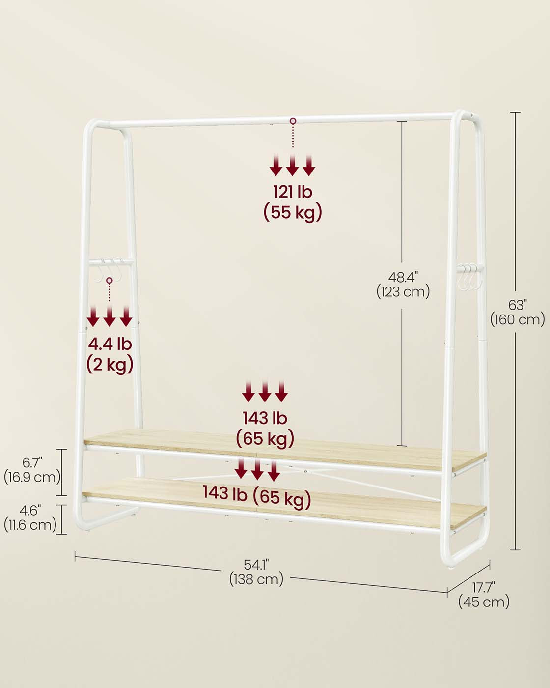 Clothes Rail – Steel – Rustic Brown and Black – Heavy-Duty with 2 Shelves and 6 S-Hooks