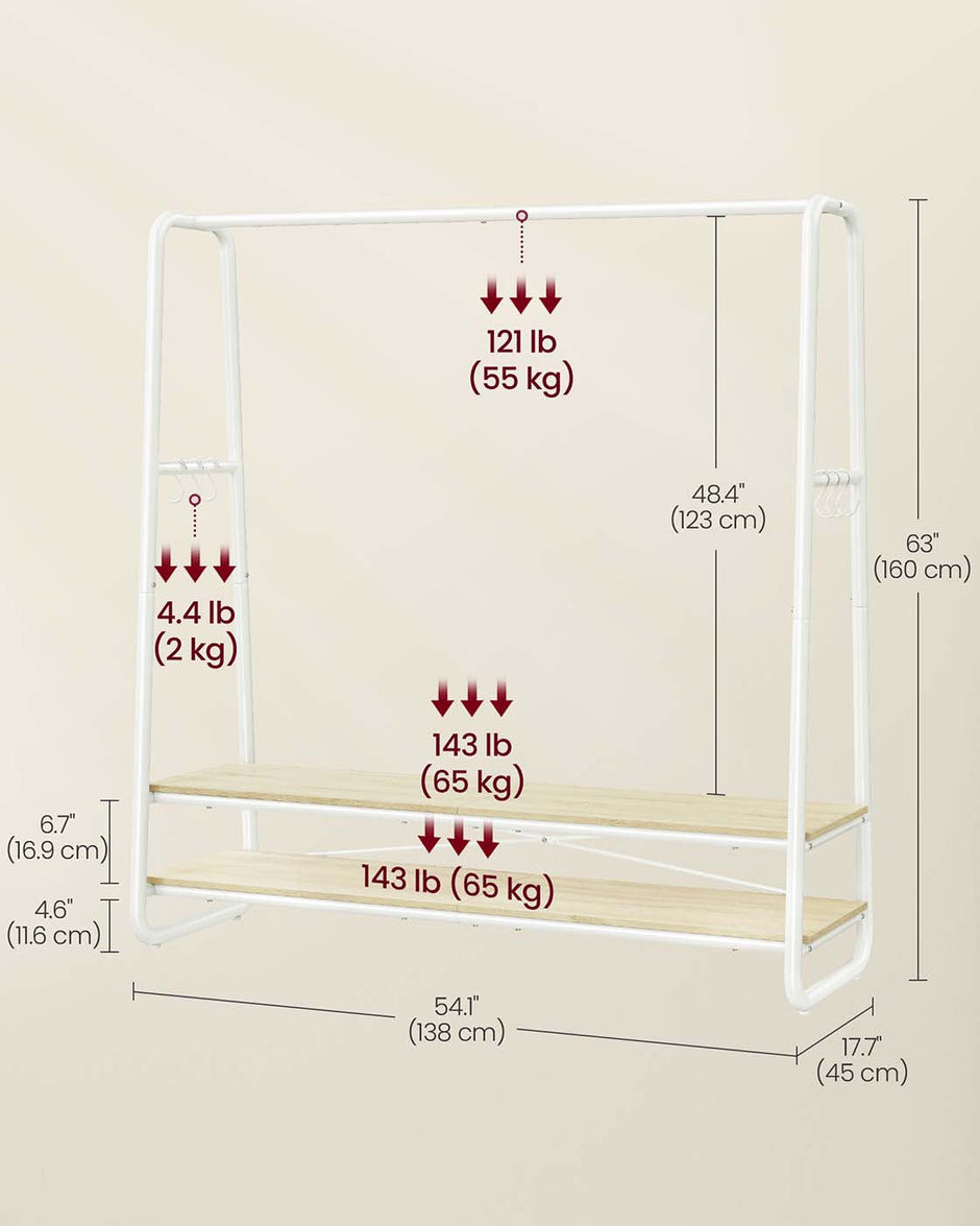 Clothes Rail – Steel – Rustic Brown and Black – Heavy-Duty with 2 Shelves and 6 S-Hooks