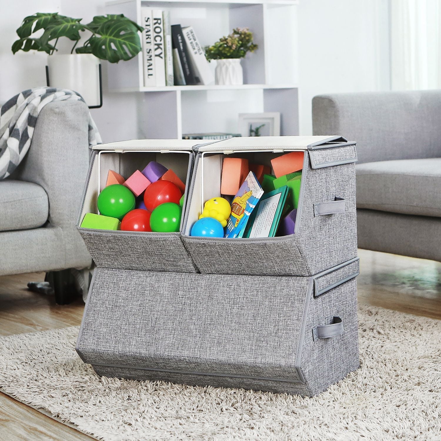 Stackable Storage Boxes – Metal Frame – Grey – Set of 3 with Lid and Magnetic Closure