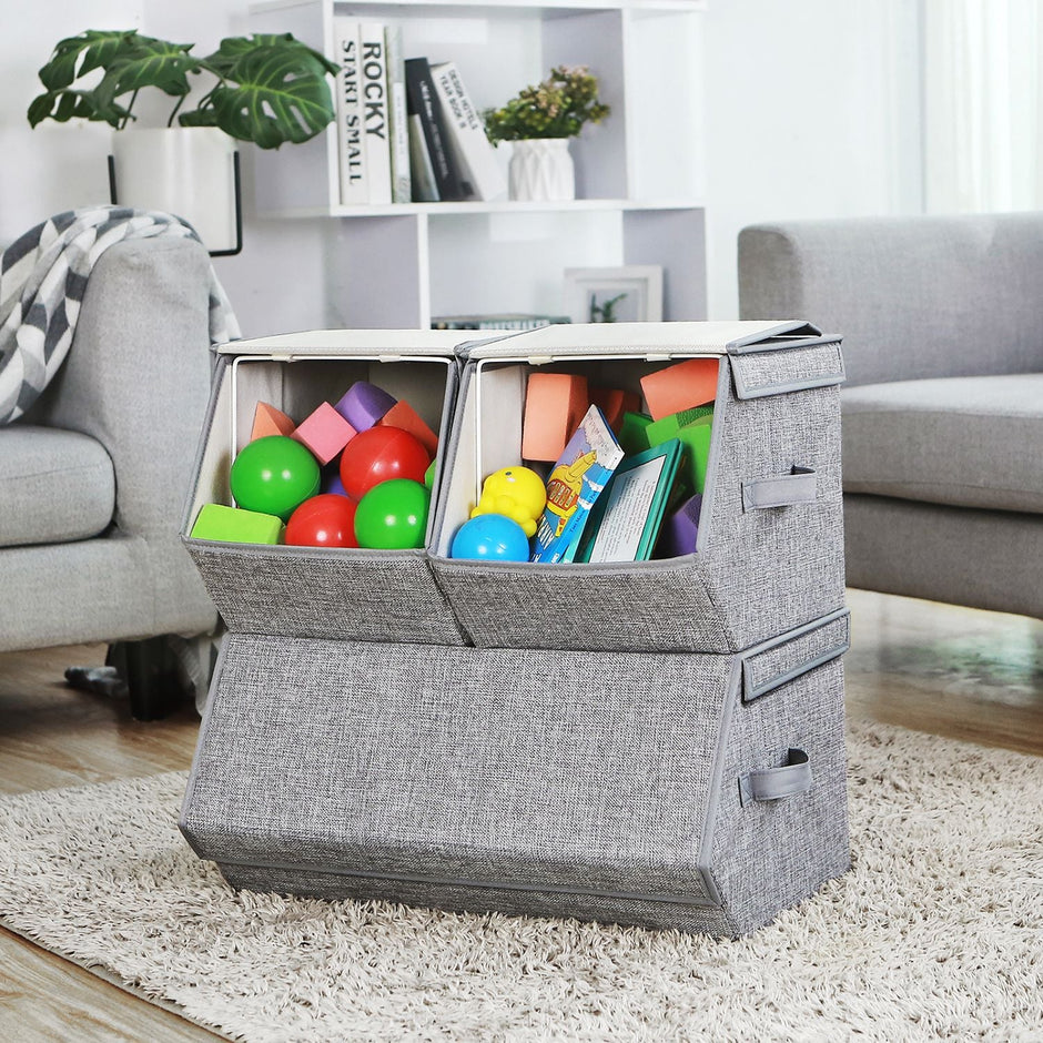 Stackable Storage Boxes – Metal Frame – Grey – Set of 3 with Lid and Magnetic Closure