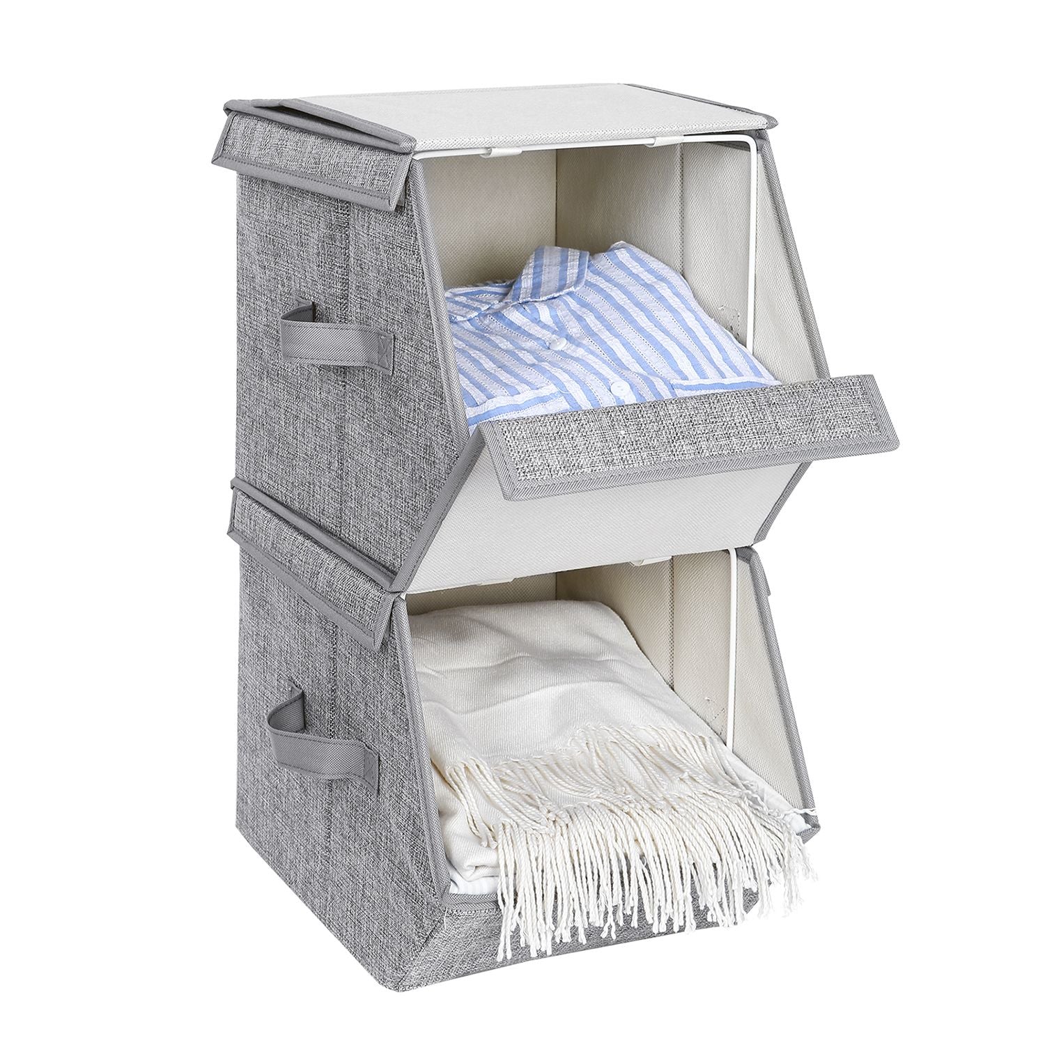 Stackable Storage Boxes – Metal Frame – Grey – Set of 3 with Lid and Magnetic Closure