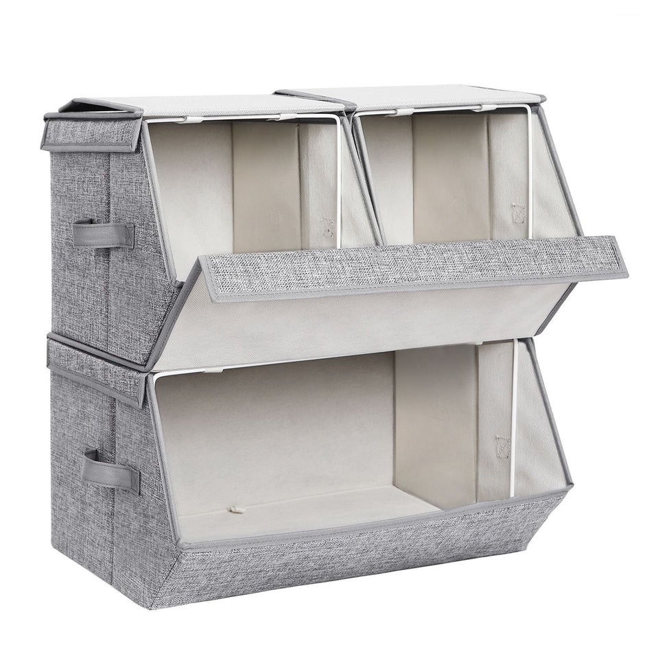 Stackable Storage Boxes – Metal Frame – Grey – Set of 3 with Lid and Magnetic Closure