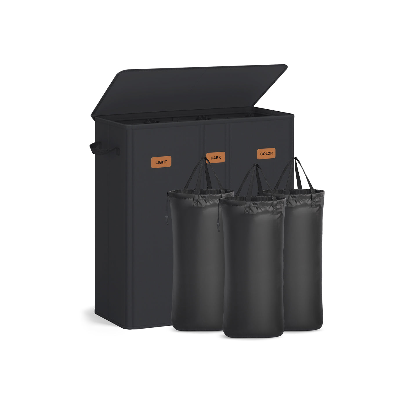 Laundry Basket – Fabric – Ink Black – Three Compartments with Washable Liner and Labels