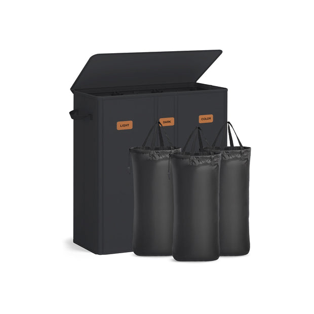 Laundry Basket – Fabric – Ink Black – Three Compartments with Washable Liner and Labels