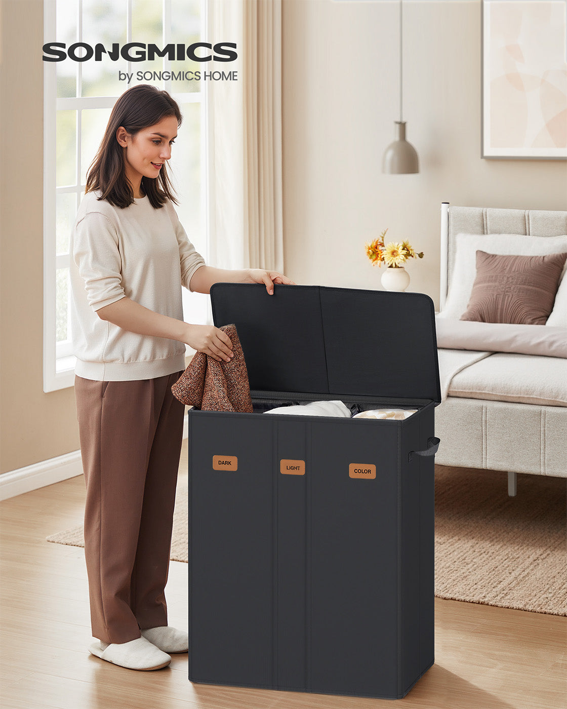 Laundry Basket – Fabric – Ink Black – Three Compartments with Washable Liner and Labels
