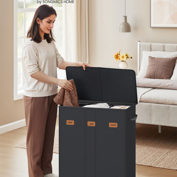Laundry Basket – Fabric – Ink Black – Three Compartments with Washable Liner and Labels