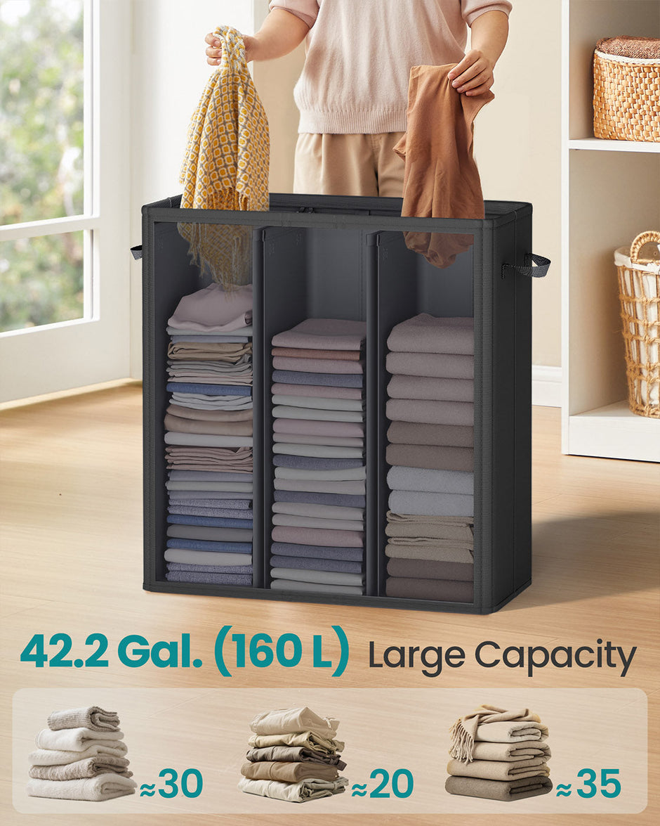 Laundry Basket – Fabric – Ink Black – Three Compartments with Washable Liner and Labels