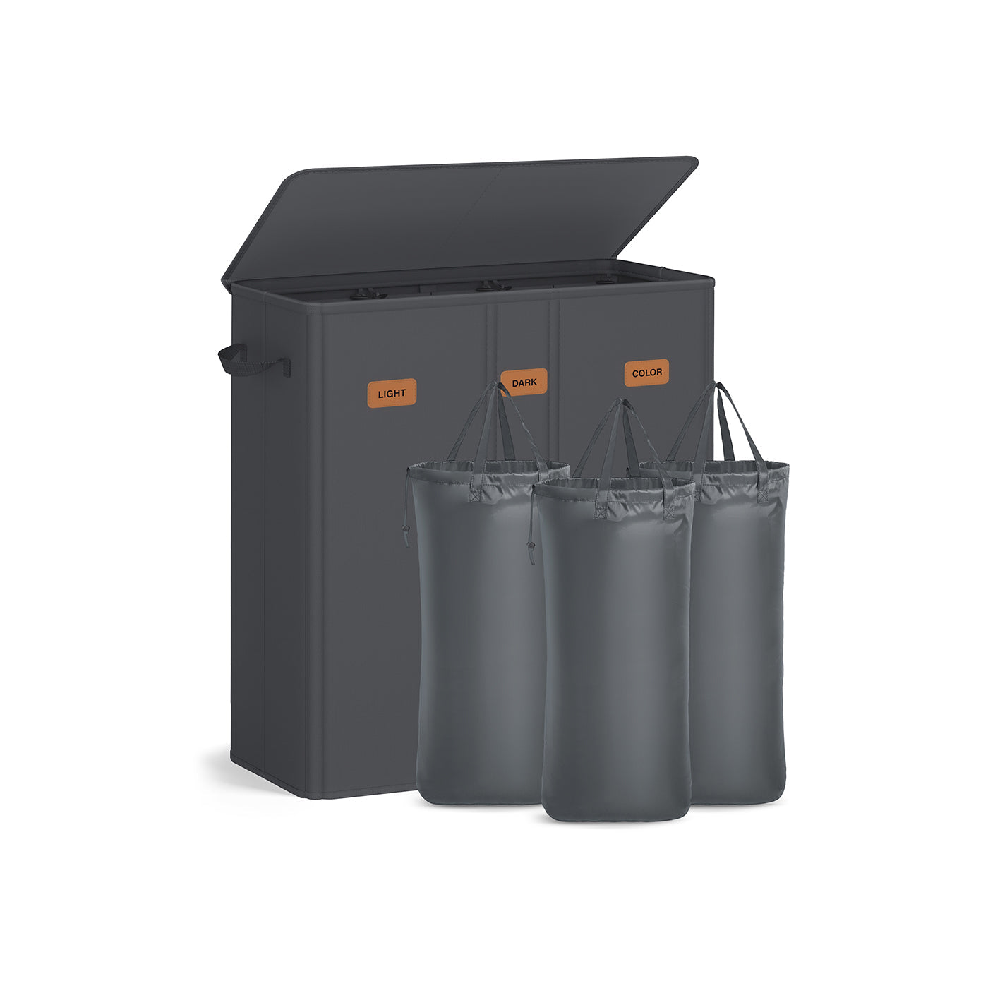 Laundry Basket – Fabric – Ink Black – Three Compartments with Washable Liner and Labels