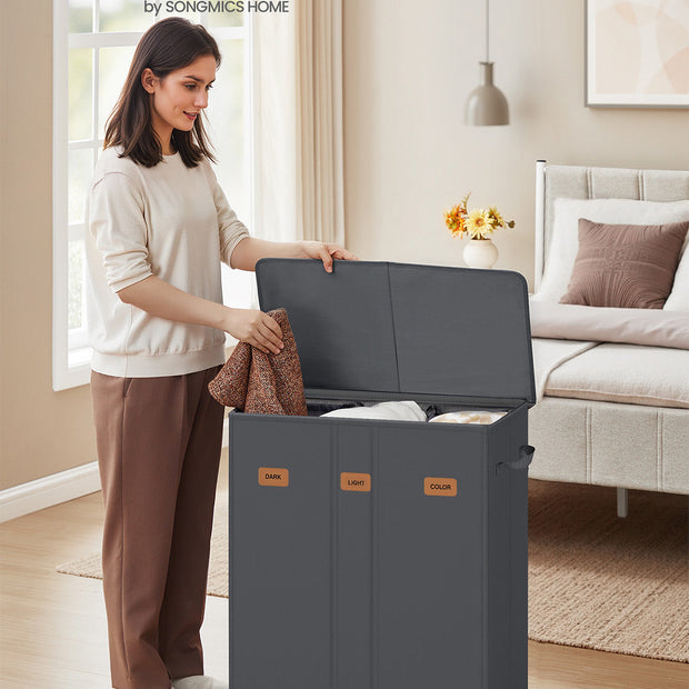 Laundry Basket – Fabric – Ink Black – Three Compartments with Washable Liner and Labels