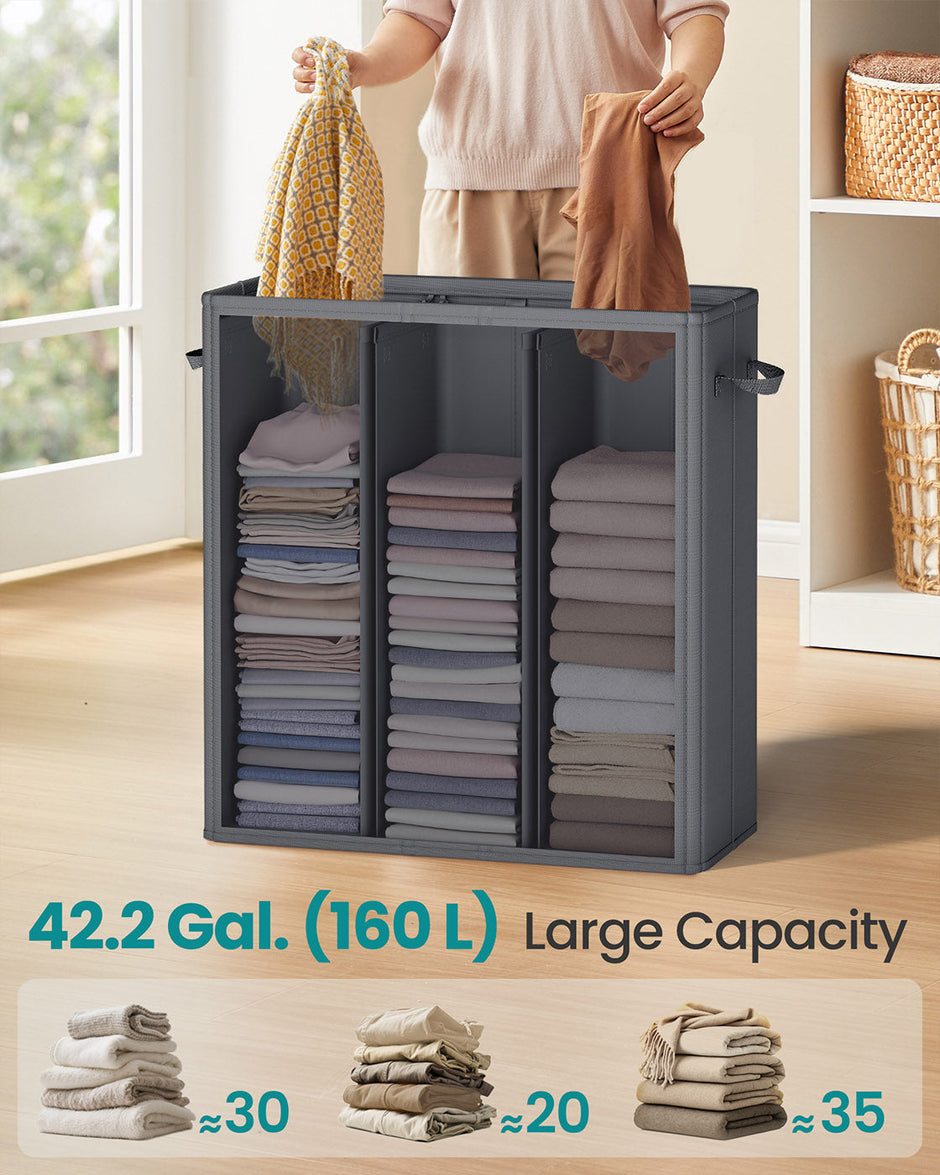 Laundry Basket – Fabric – Ink Black – Three Compartments with Washable Liner and Labels