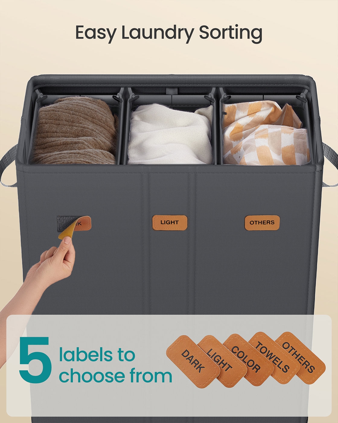 Laundry Basket – Fabric – Ink Black – Three Compartments with Washable Liner and Labels