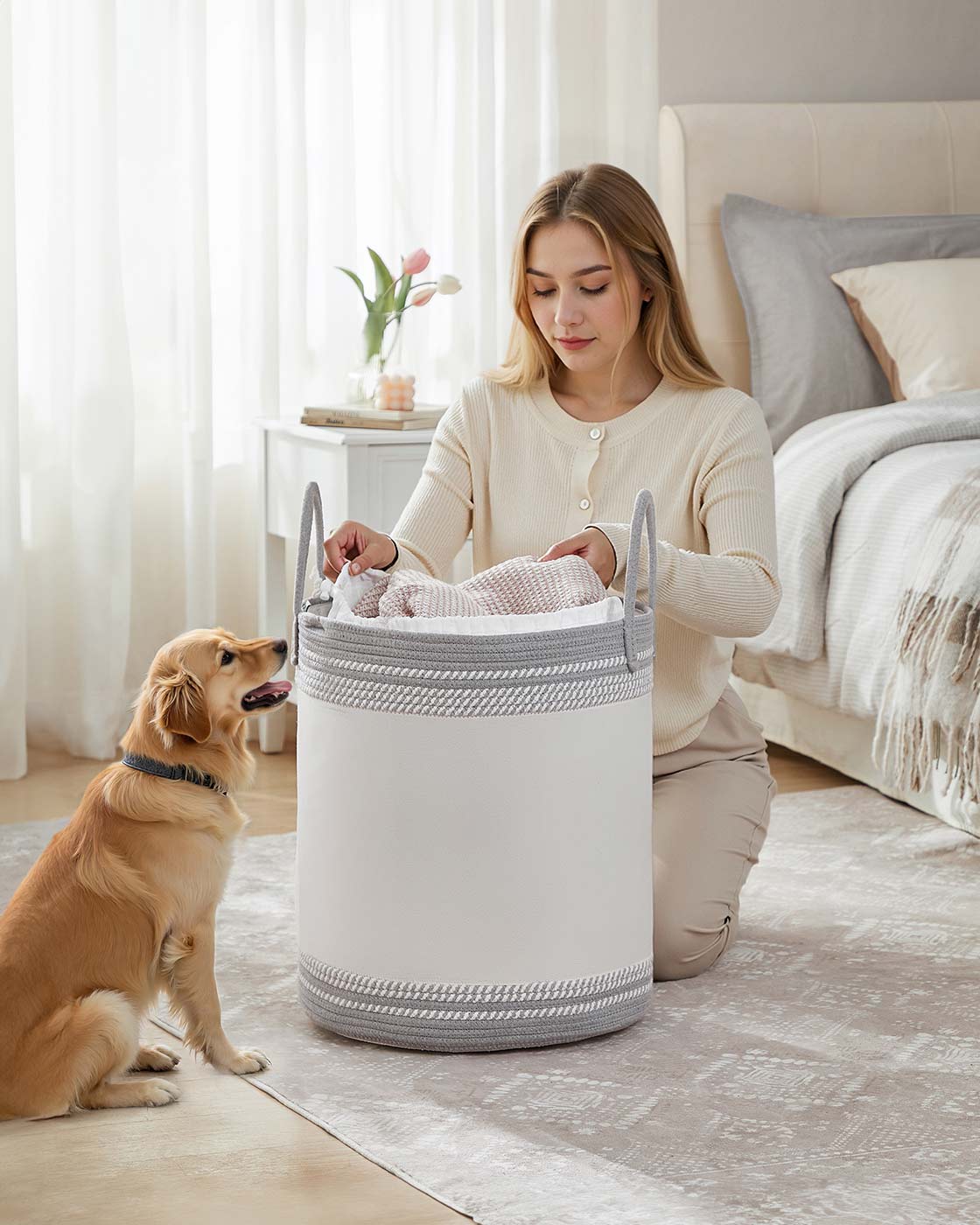 Laundry Hamper – Fabric – Dove Grey – 60 L with Lid and Handles