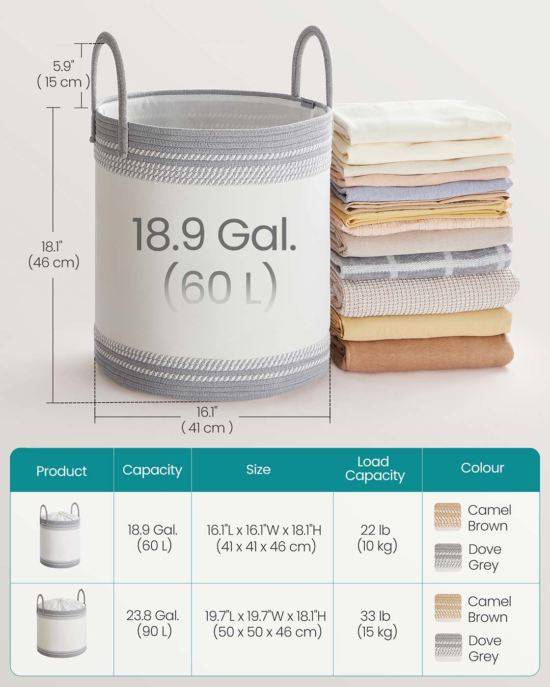 Laundry Hamper – Fabric – Dove Grey – 60 L with Lid and Handles