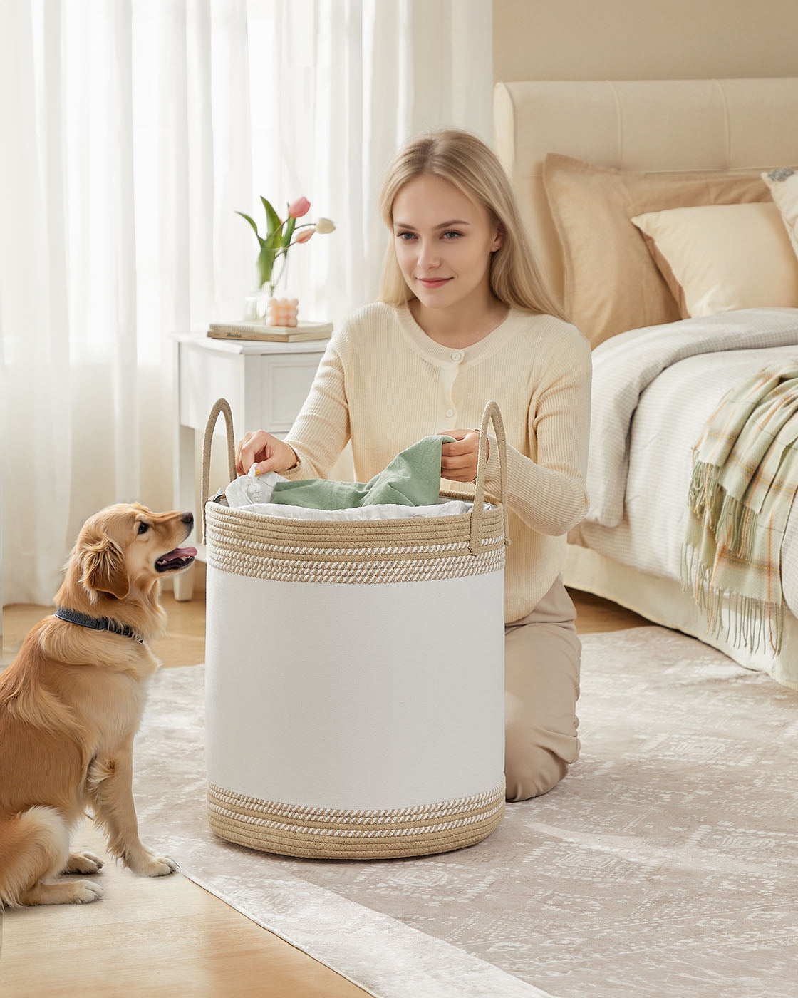 Laundry Hamper – Fabric – Camel Brown – 60 L with Lid and Drawstring Closure