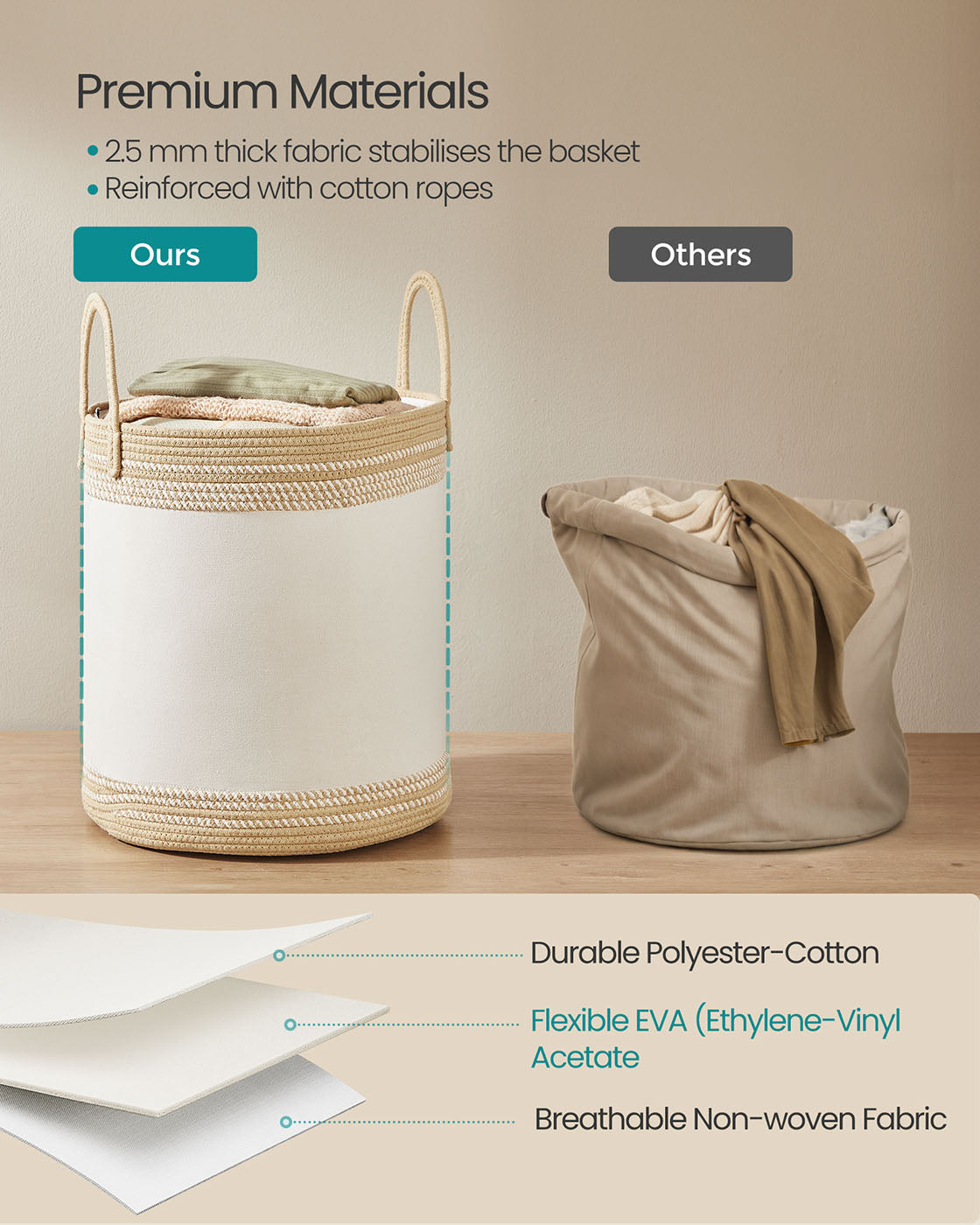 Laundry Hamper – Fabric – Camel Brown – 60 L with Lid and Drawstring Closure