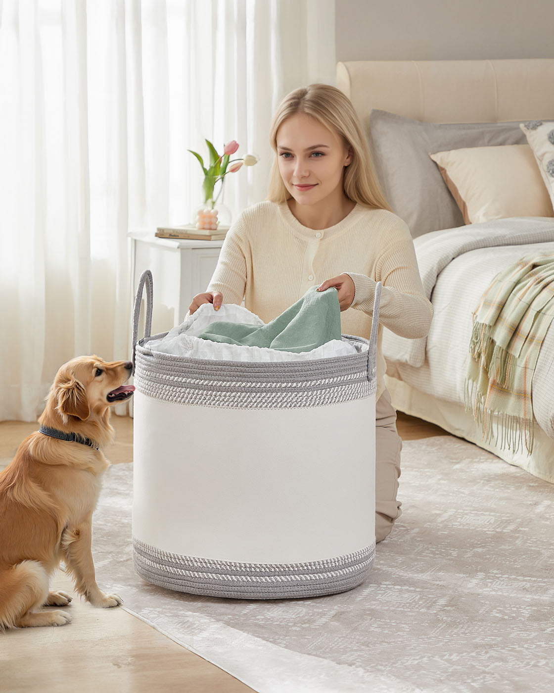 Laundry Hamper – Fabric – Dove Grey – 90 L with Lid and Drawstring