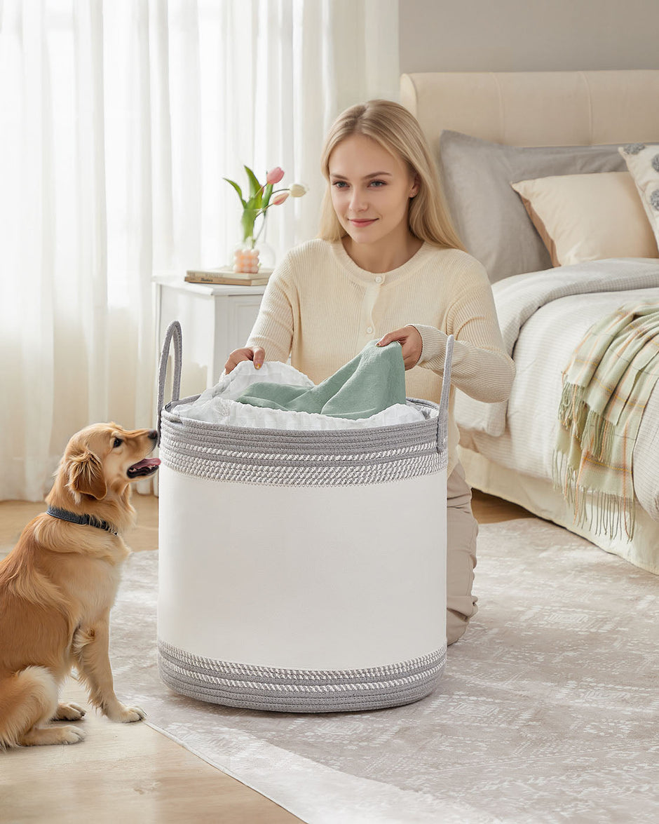 Laundry Hamper – Fabric – Dove Grey – 90 L with Lid and Drawstring