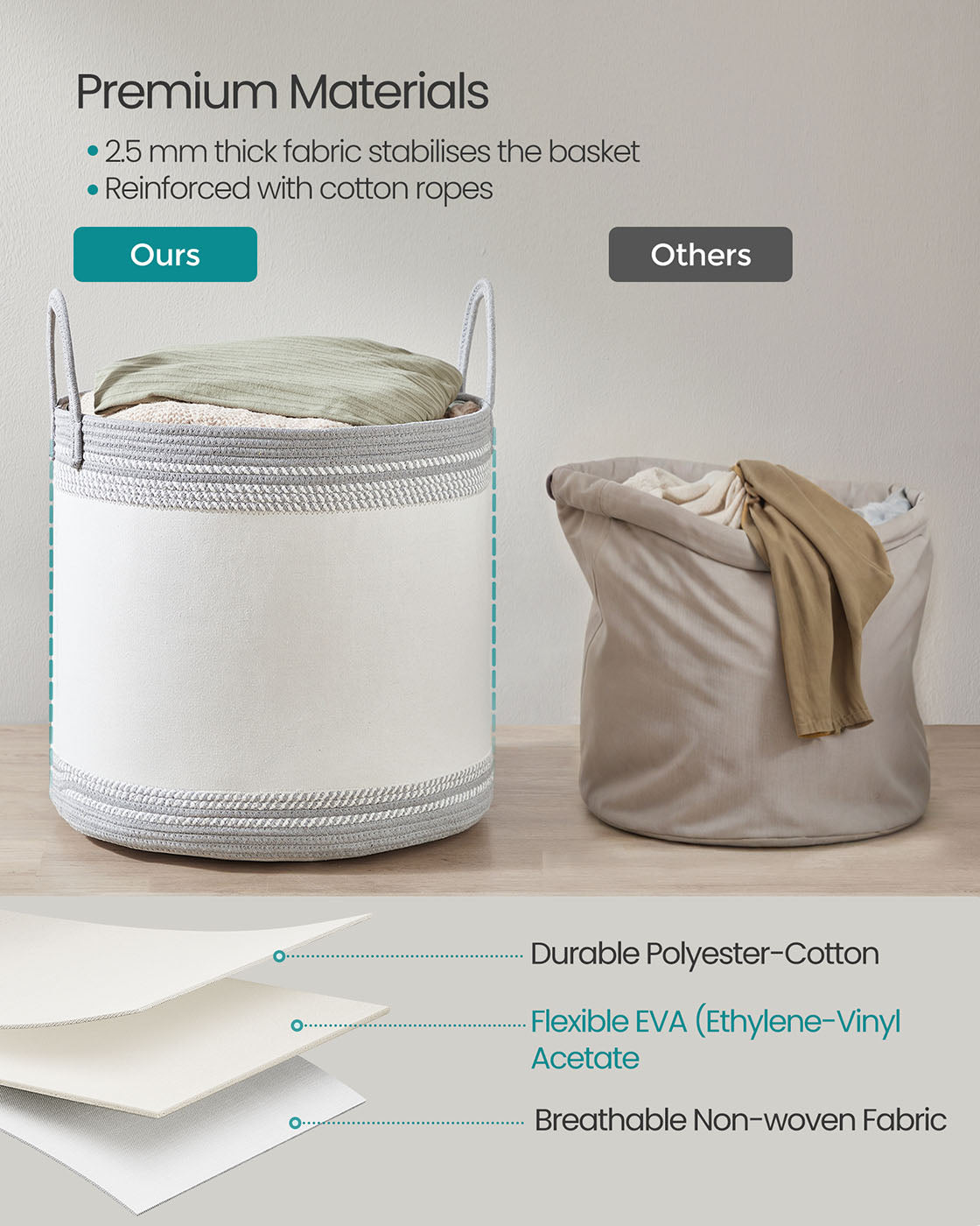 Laundry Hamper – Fabric – Dove Grey – 90 L with Lid and Drawstring
