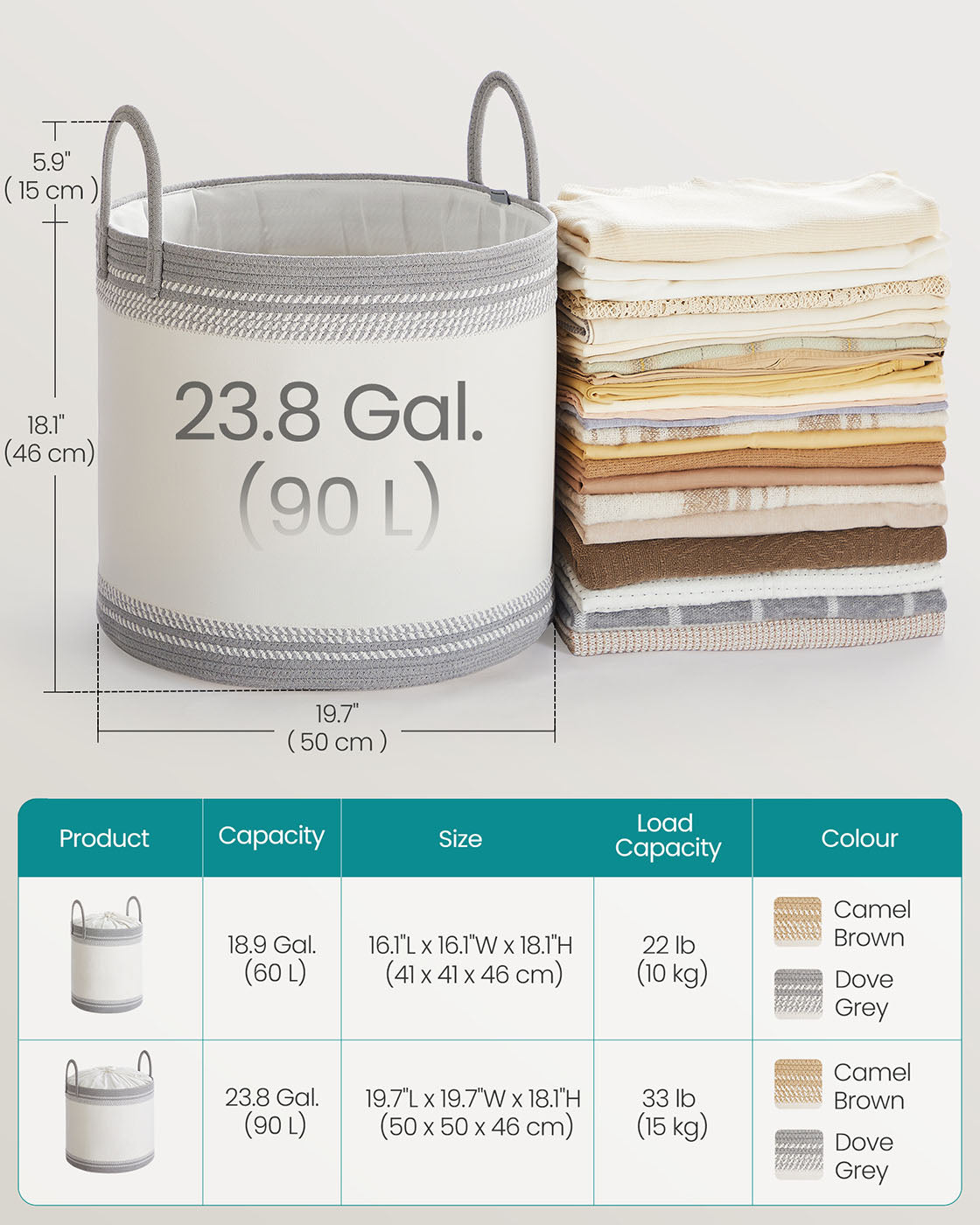 Laundry Hamper – Fabric – Dove Grey – 90 L with Lid and Drawstring